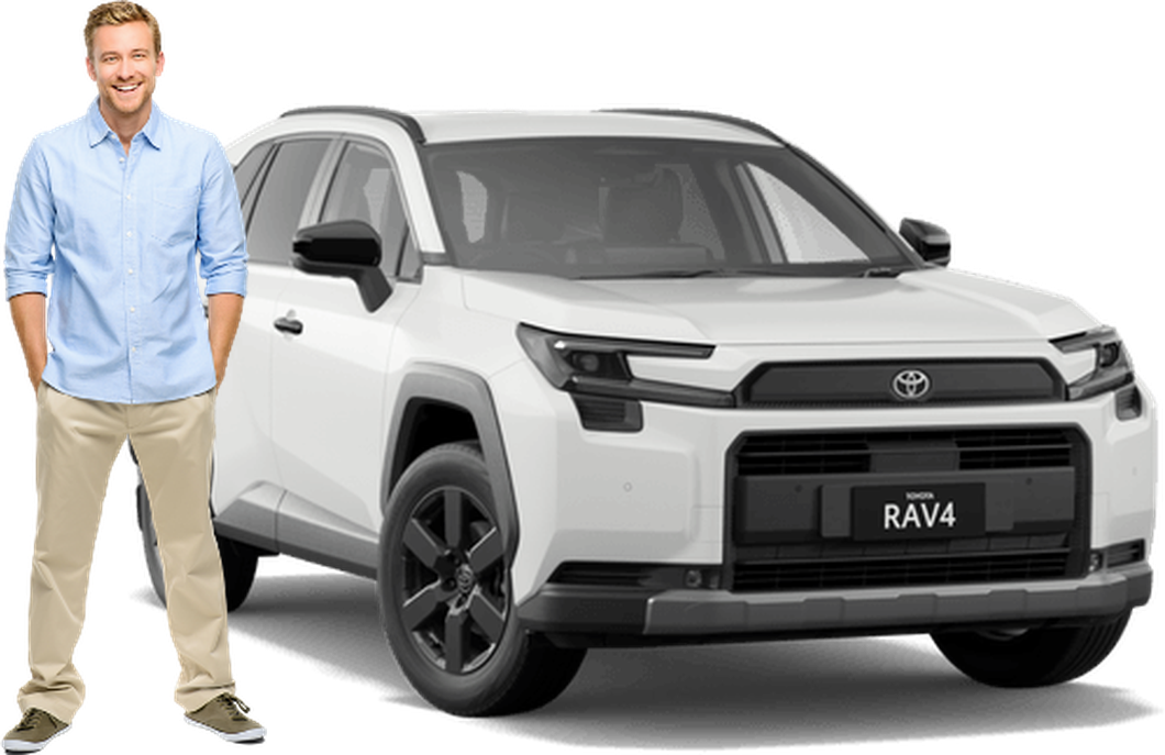 Happy Coveryou customer standing beside his white replacement RAV4